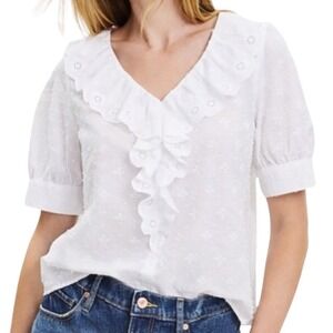 LOFT NWT Womens White Eyelet Ruffle V-Neck Puff Sleeve Cotton Blouse Top Size M